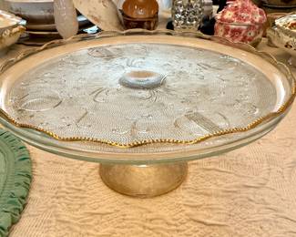 Jeannette Glass "Harp & Lyre" pattern pedestal cake stand. 