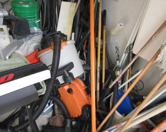 Buckets, shop vac and yard tools