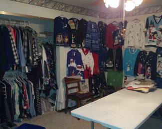 Christmas sweaters and assorted clothes