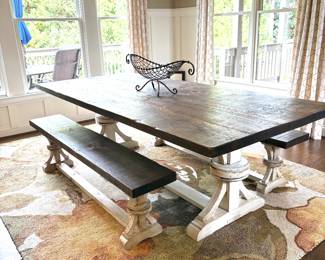 Amazing custom rustic farmhouse trestle dining table with two benches, made from shopping container wood