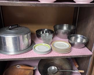 Assorted dishes,  cake carrier, wok, etc.