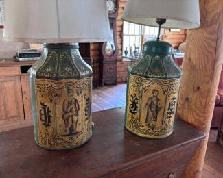 Pair of antique tea tin lamps 
