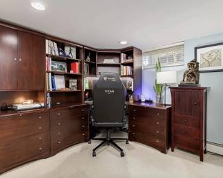 $1,500. Sligh modular home-office furniture set.  Distinctive, stylish, flexible. 1 corner unit with keyboard tray, 3 lower lateral file units, 3 upper decks (1 open shelf style, 2 closed cabinet style - one is not shown in picture). Also one side cabinet (on the right) with 3 drawers and one open area at the top. Lamp included. Not included: gaming chair, art pieces. 
