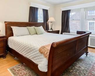$4000 - picture 1 of 4- Ethan Allen British Classics Bedroom Set - King sleigh bed, 2 large nightstands, large dresser, custom upholstered stool, rug included, 2 lamps included. Not included: bedding, mattress, box spring