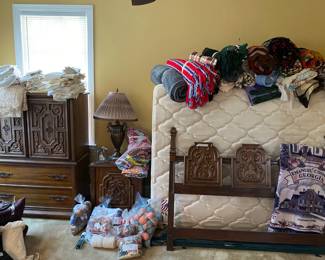 Blankets, afghans, yarn, linens.