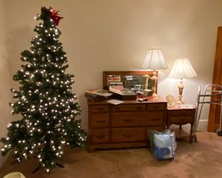 Maple dresser and mirror. Another Christmas tree.