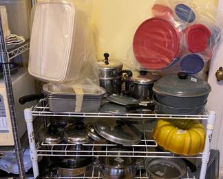 Kitchen ware.  Pots, pans, plastics.  Club Aluminum...vintage but barely used!