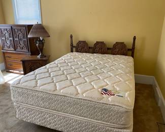 Vintage bedroom suite includes queen headboard and rails, very nice mattress set, nightstand and chest.