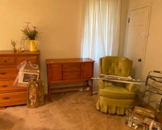 Maple chest. Maple buffet/entry table. Vintage velvet chair. Betty Foy Sanders 1970 calendar.