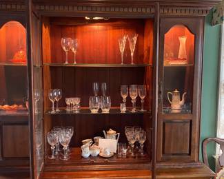 Amberina butter dish hiding in this beautiful china cabinet.  And more!