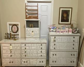 Made over vintage dresser, chest and nightstand. Finished with modern "crackle" paint. Hallmark collectibles and brass.