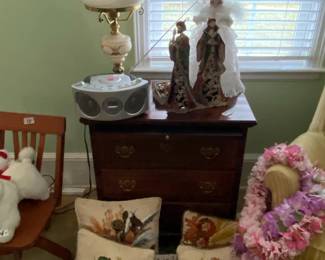 Hummel pillows, angels, lamps, vintage and modern furniture. Hand made pillows.