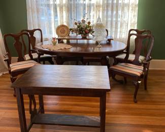 Dining table with leaf and four chairs, small rustic table.