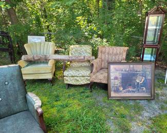 stuffed chairs and display cabinet