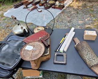 various old items, hand made grater, bathroom scale and hanging meat scale