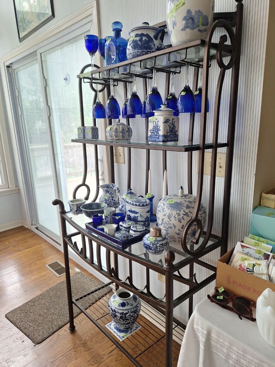 Wine rack with Blue and White Asian Tea Pots , Decanters and Jars. Cobalt Blue Wine Glasses
