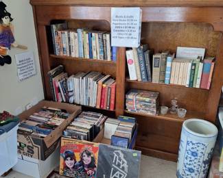 Books (children and adult, some vintage), VCR Tapes, DVD's & CD's, Blue and White Umbrella Stand