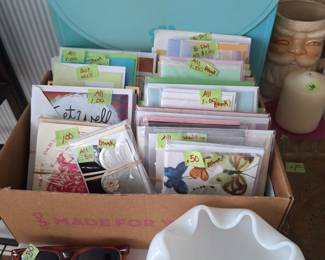 Greeting Card, Sun Glasses, Milk Glass Bowl