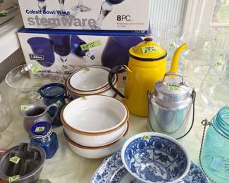 Cobalt Blue Stemware, Enamelware, Vintage Cookie Cutters, 