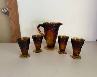 Vintage Amber Pitcher & Glasses