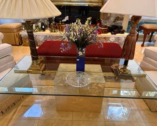 Glass Top Table
Fabric Covered Bench