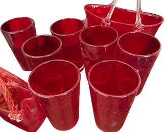 Set Ruby Red Hand Blown 1/2" Bubble Glass Tumblers 