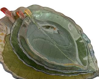Art Glass Green Leaf Plates Set of 3 