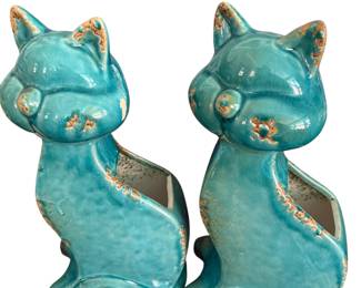 Vintage Blue Ceramic Cat Planters. 2 Available. 