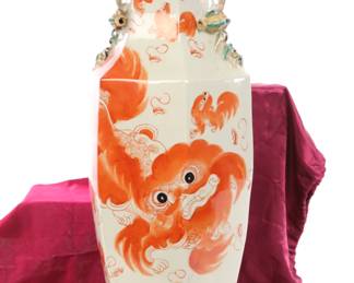 Large antique Chinese porcelain foo-dog vase (front)