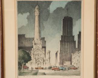 signed etching Chicago Watertower