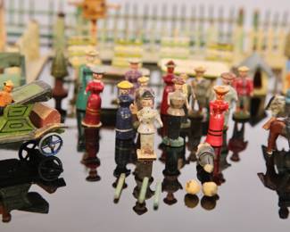 Antique Circa 1910 wooden miniature German Erzgebirge town, vehicles, animals