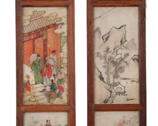19th c Chinese paintings (double - sided) on alabaster. Panel #2 (front and back)