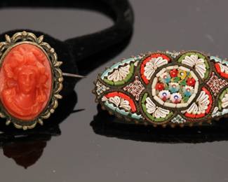 Antique cameo and micro-mosaic brooches