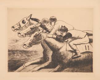Signed horse race etching