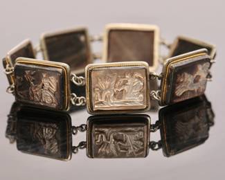 Antique Carved abalone shell cameo bracelet/ sterling