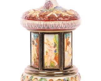 Majolica porcelain lip stick holder- mechanical - with Reuge music box. Works! 