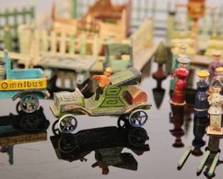 Antique Circa 1910 wooden miniature German Erzgebirge town, vehicles, animals