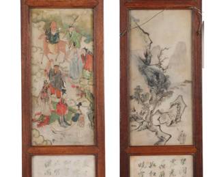 19th c Chinese paintings (double - sided) on alabaster. Panel #1 (front and back)