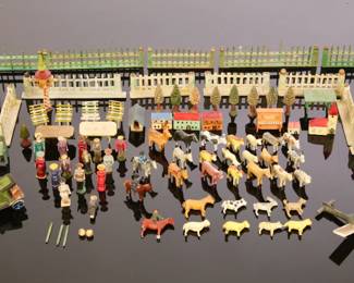 Antique Circa 1910 wooden miniature German Erzgebirge town, vehicles, animals