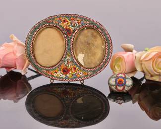 Antique Italian micromosaic double photo frame and brooch