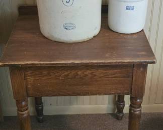 5 GALLON RED WING CROCK. ANTIQUE OAK SCHOOL DESK