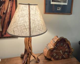 HANDCRAFTED CABIN RUSTIC WOOD LAMPS & CLOCK
