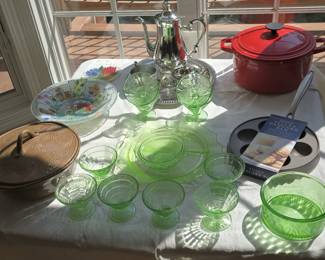 GREEN DEPRESSION GLASS. CAST IRON MARTHA STEWART