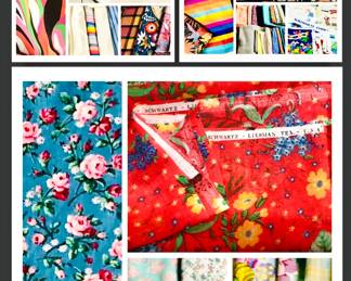 There is a large assortment of fabrics at this sale.  Some vintage, designer, cotton, cotton blends, wool, taffeta, silk, etc.  Lace, eyelet, dotted Swiss.  Printed panels for cloth books, dolls, craft projects.  But fabric is just the beginning.  If you sew, do needlepoint,  cross stitch, embroider, make rugs, do bead work or are a crafter, there is a wonderful and extensive supply of everything you could want at this sale.  More pictures are coming…