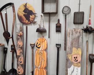 Primitives, Antique Tools, and Barn Wood painted Autumn Decor.