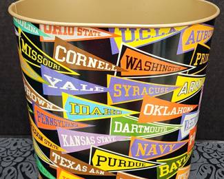 Vintage college pennant garbage can