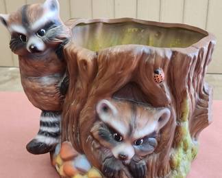 Mid Century Raccoon Planter with Mushrooms