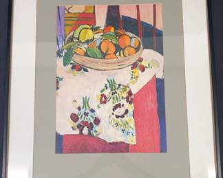 Framed Still Life Fruit Bowl  Floral Tablecloth