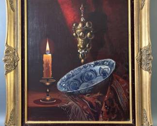 Lot 7 - Signed By Ruge Oil Painting of Candle With Bowl