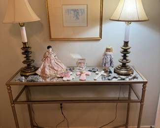 Console Table, Lamps, Dolls, Crosses